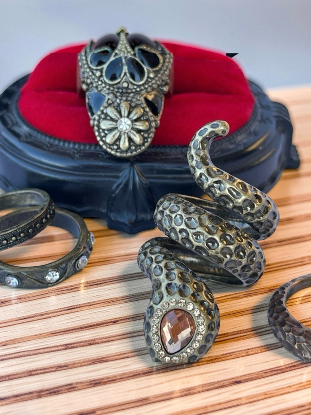 Gothic Snake Serpent & Floral Statement Ring Set Boho Antique Bronze Lot